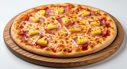 Cheese and Ham Pizza on Wooden Board with Golden Crispy Crust