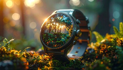 A macro ultra hyper realistic shot of a futuristic watch with a holographic display of a miniature, floating forest.