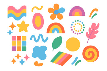 Set of colorful abstract shapes. Groovy retro 70s cartoon doodles. Collection of trendy geometric and organic forms. Vector elements for decoration, modern design stickers.