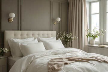 White bed with white comforter and pillows