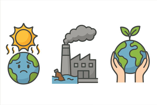 Climate change icon set showing global warming, industrial pollution, and environmental protection. Vector cartoon concepts of a hot planet, factory smoke, and saving the Earth.