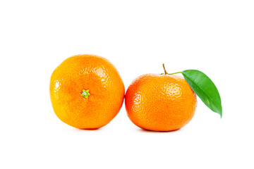Juicy shiny tangerines with leaves isolated on white background.