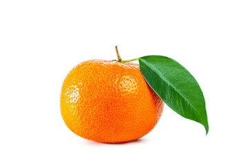 Juicy shiny tangerine with leaf isolated on white background.