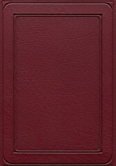 Close-up of burgundy leather book cover with embossed frame, textured surface, aged elegance, realistic detail.
