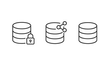 Database linear icons set. Data security with padlock, information sharing and network connection, server storage concepts. Outline pictogram collection for UI UX web design.