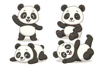 Naklejka premium Cute panda characters collection. Vector cartoon illustration set of funny baby pandas in playful poses. Adorable animal mascot for kids. Happy, smiling, waving, sitting.