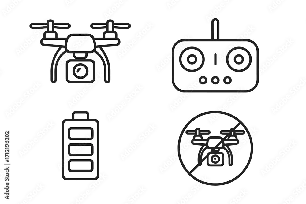 Poster quadcopter drone vector icon set. linear outline symbols for camera, remote control, battery level, 