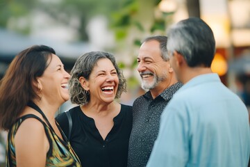 Group of happy middle-aged friends laughing together outdoors