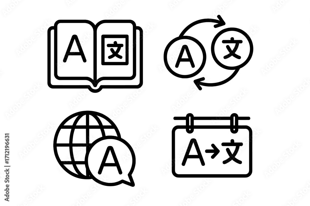 Poster language translation icon set for global communication. vector line icons for dictionary, vocabulary