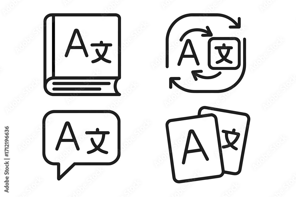 Poster language and translation linear icon set. vector symbols for dictionary, vocabulary, and bilingual c