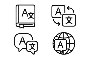 Language translation icon set. Linear icons for dictionary, vocabulary, and bilingual communication. Global language learning & international translator service symbol collection.