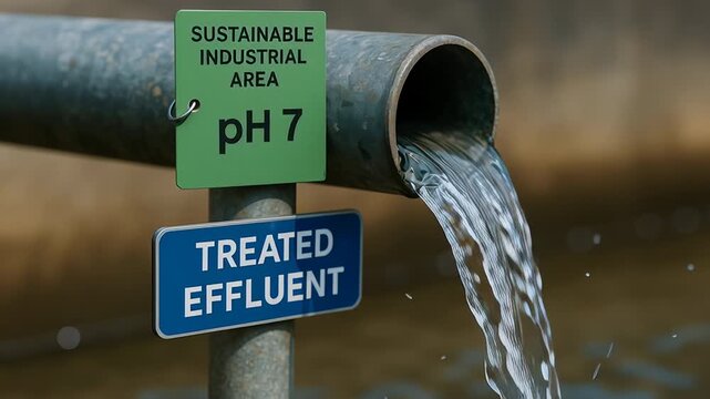 Sustainable industrial area treated effluent water flowing from pipe maintaining pH 7 for environmental safety ecological balance and industrial