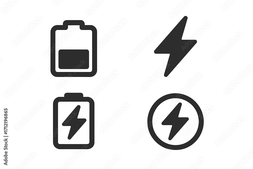 Poster battery and energy icon set for ui design. minimalist vector pictograms for power, charging, and ele