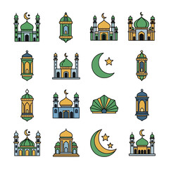 Islamic Icons Set - Mosques, Lanterns, and Crescent Moons for Ramadan.