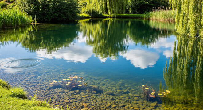 A tranquil pond with crystal-clear water and reflections.
A serene, sunlit pond with extremely clear water that reveals the rocky bottom and submerged plants
