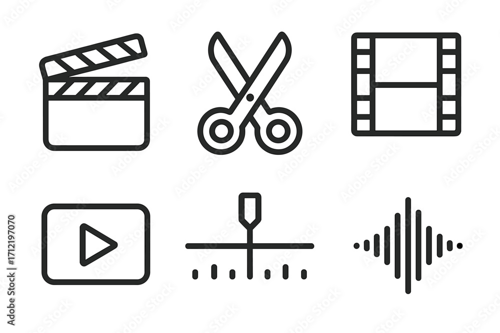 Poster video editing icon set. minimalist linear icons for filmmaking and post-production. includes clapper