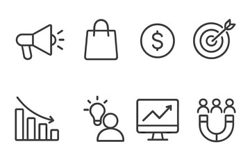 Sales and marketing line icon set. Business concepts for strategy, advertising, and promotion. Vector icons for financial growth, customer acquisition, targeting, and analytics.