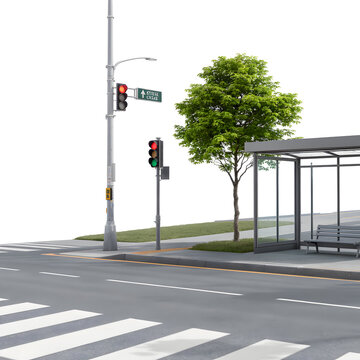 Street Scene with Crosswalk, Bus Stop, Traffic Light, and Green Tree