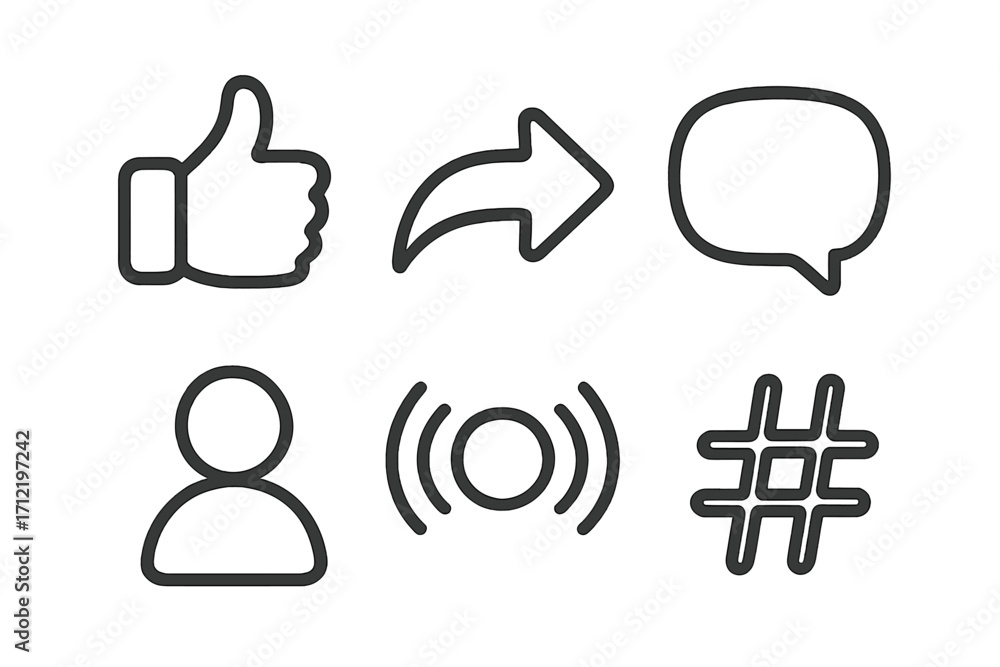 Poster social media icons set. minimalist vector line art collection for web and app ui. includes like, sha