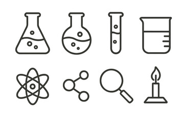 Science and chemistry research icon set. Minimalist line art vector illustration of laboratory equipment like flask, beaker, test tube, atom, molecule, and Bunsen burner.