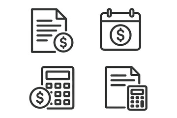 Tax and finance line icon set. Vector icons for accounting, budget planning, and financial management. Includes calculator, calendar deadline, invoice, and payment symbols.