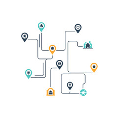 Fototapeta premium Network of Connected Locations with Pins and Lines.
