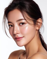 Naklejka premium Radiant young woman with flawless skin and subtle makeup, embodying natural beauty and confidence.