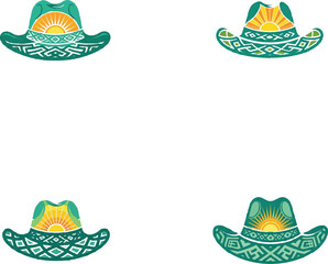 Teal cowboy hat with sun and geometric patterns yellow