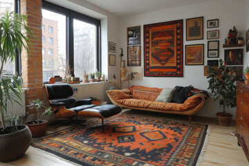 A dog playing with a toy on a colorful rug in a cozy living room with a couch and chair.