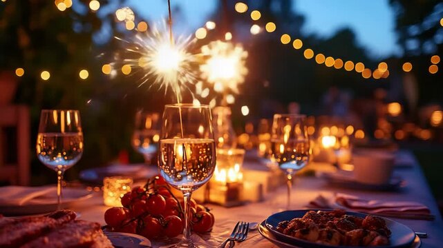 Festive outdoor dinner celebration with sparklers and glowing lights