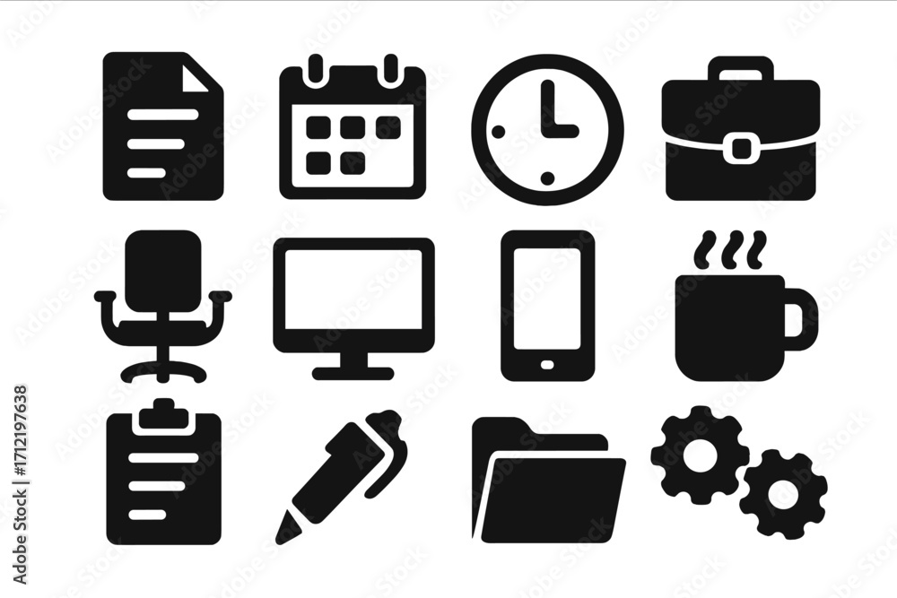 Poster set of office work and business productivity icons. minimalist silhouette symbol collection for web 