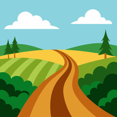 Obraz premium Dirt road through paddies agricultural field route vector landscape background.