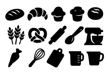Bakery and baking essentials icon set. Collection of silhouette vector illustrations of bread, croissant, muffin, pretzel. Kitchen equipment like mixer, whisk, rolling pin.