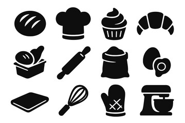 Bakery and baking essentials icon set. Vector glyph silhouettes of kitchen tools and food ingredients. Bread, cupcake, croissant, eggs, flour, mixer, and chef hat symbols.