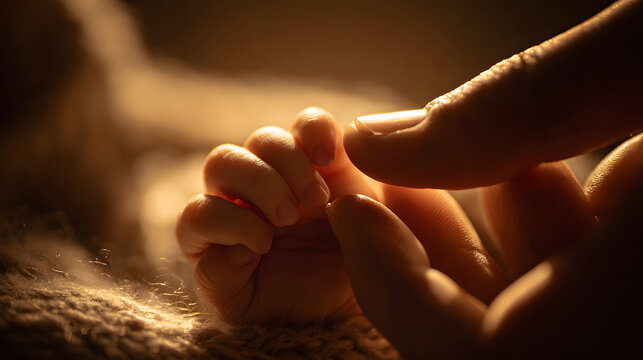 Close-up of a gentle adult finger comforting a newborn baby's small hand, capturing the precious bond of parenthood, love, and new life's delicate beginnings