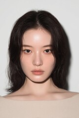 Fototapeta premium Captivating young woman's portrait with flawless skin and thoughtful gaze, perfect for beauty and lifestyle.