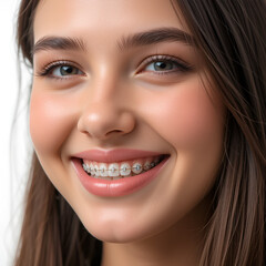 Closeup of woman with braces on teeth with elastics. Smiling face with braces isolated on white background. Orthodontic treatment. Closeup of healthy female mouth with metal braces.