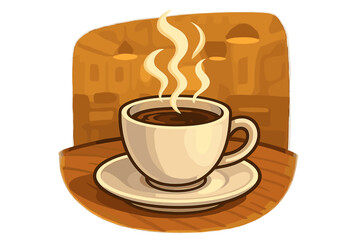 Obraz premium Hot coffee cup with steam vector illustration. Aromatic morning espresso in a mug on a saucer. Cozy cafe scene with a freshly brewed hot beverage. Cartoon clipart icon for a menu.