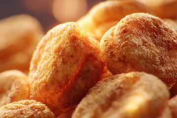Crispy morsels of snack in a detailed close-up, revealing their texture.