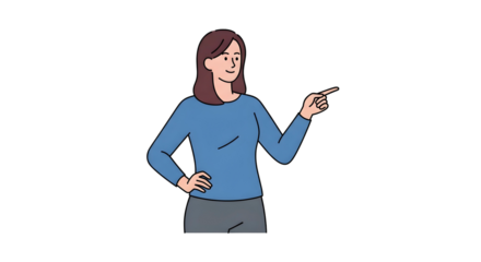 Smiling woman points confidently, hand on hip, casual attire.