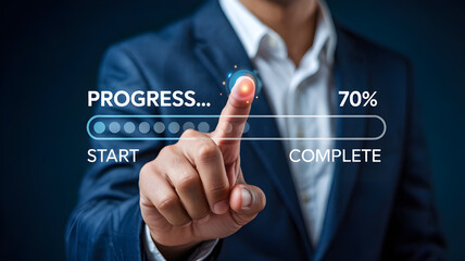 Hand Touching Virtual Progress Bar at 70% Completion – Digital Interface Concept