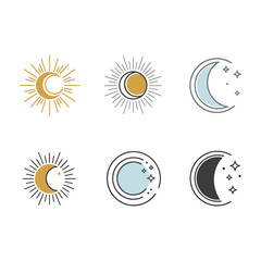 Set of celestial icons sun moon and stars in minimalist line art style sun icon moon icon