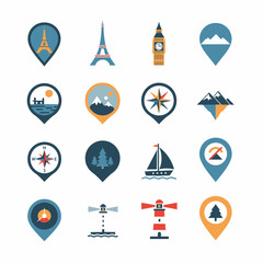 Travel and Landmark Icons - Eiffel Tower, Big Ben, Mountains, and Compass.