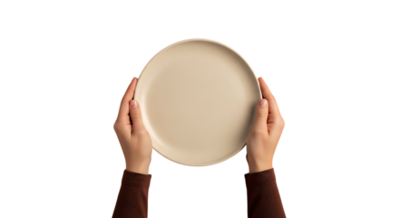 Hands elegantly present a clean beige plate, ready for culinary creations or stylish display
