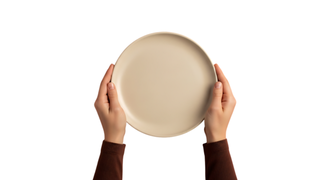 Hands elegantly present a clean beige plate, ready for culinary creations or stylish display
