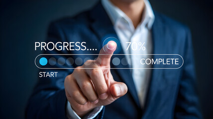 Hand Touching Virtual Progress Bar at 70% Completion &ndash; Digital Interface Concept