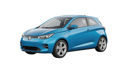 Isolated two-door hatchback car in blue color, electric vehicle, automobile for urban travel