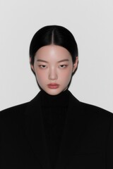 Elegant young woman with striking makeup and modern black blazer radiates confidence and style