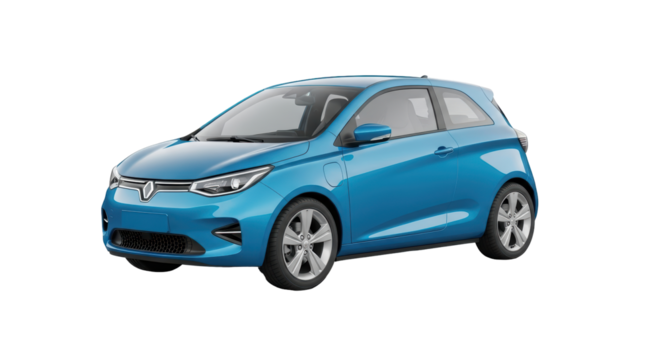 Isolated two-door hatchback car in blue color, electric vehicle, automobile for urban travel
