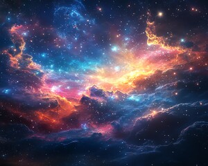 Fototapeta premium Stunning visualization of deep space showcasing colorful nebulae, stars, and distant planets in a cosmic landscape, perfect for astronomy themes